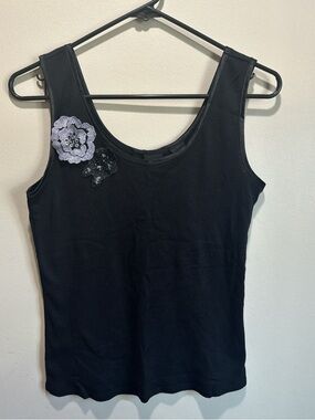 Apostrophe Black Tank Top with Lavender Floral Appliqué